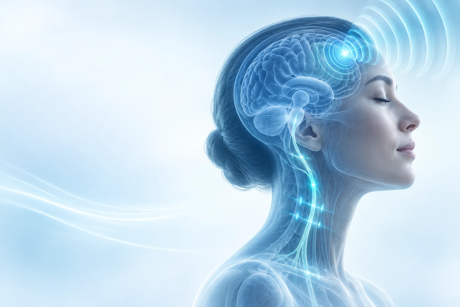Conceptual illustration of electrical and focused mechanical stimulation signals around the brain and cervical pathway