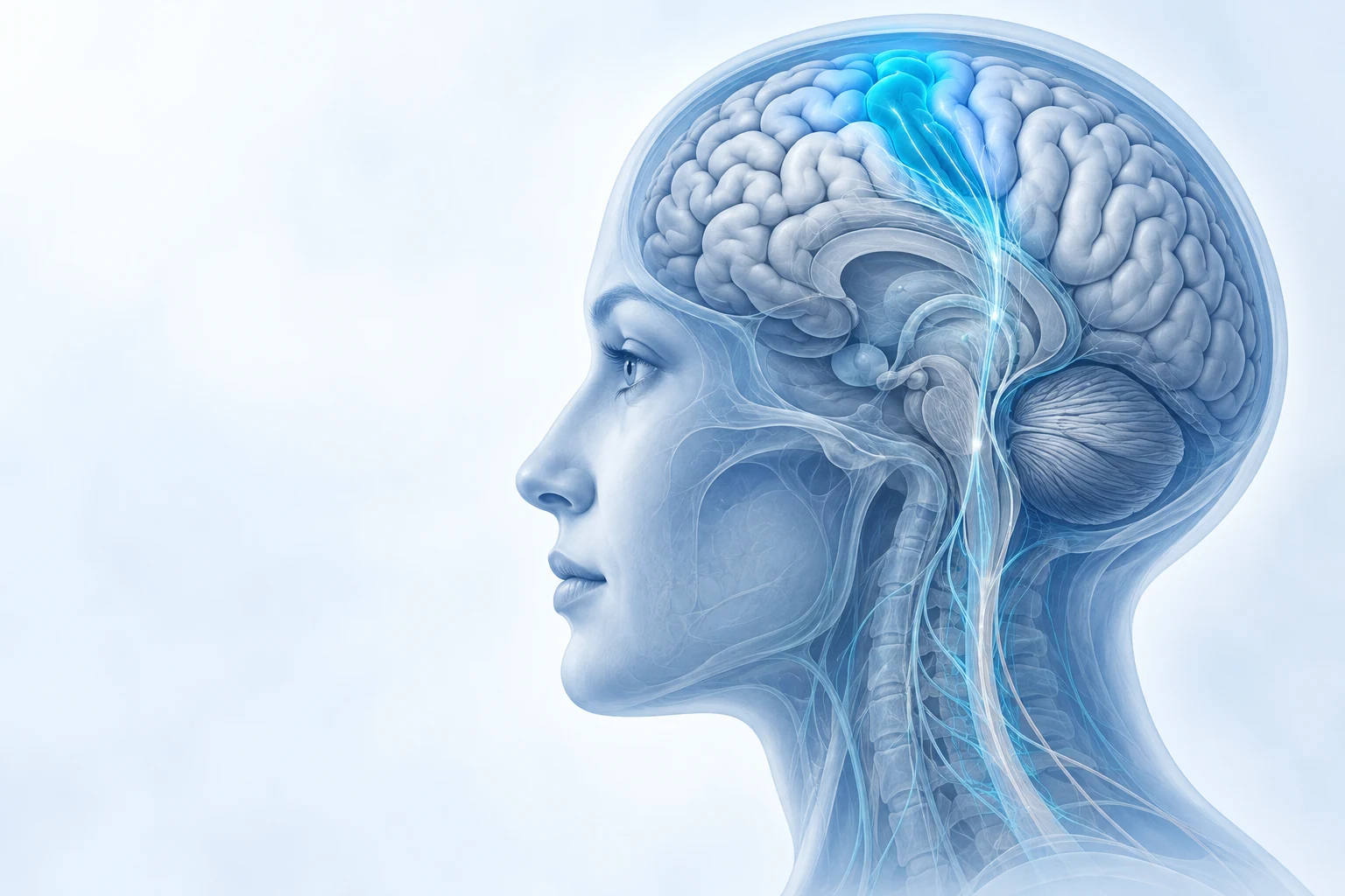 Scientific illustration of the brain with the primary motor cortex highlighted