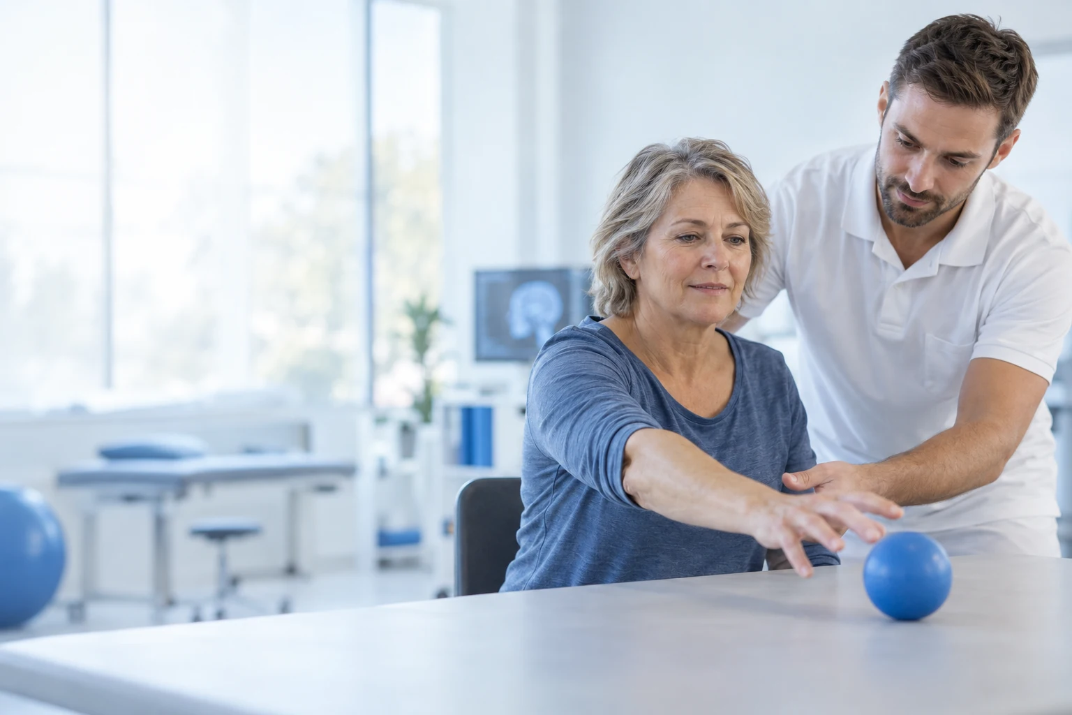 Illustrative scene of a therapist guiding a patient through an upper-limb reach-and-grasp exercise
