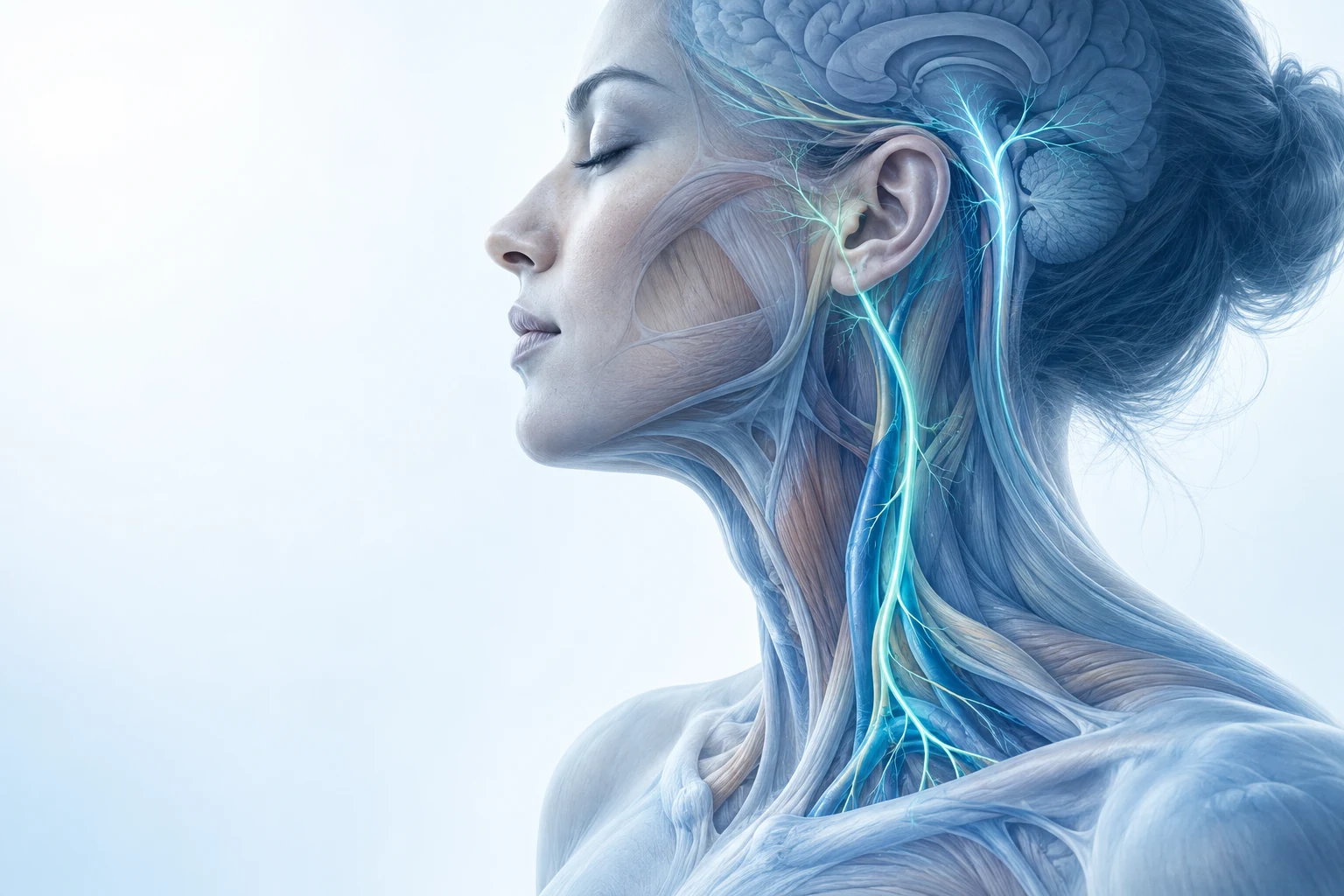 Scientific illustration showing the vagus nerve pathway along the side of the neck